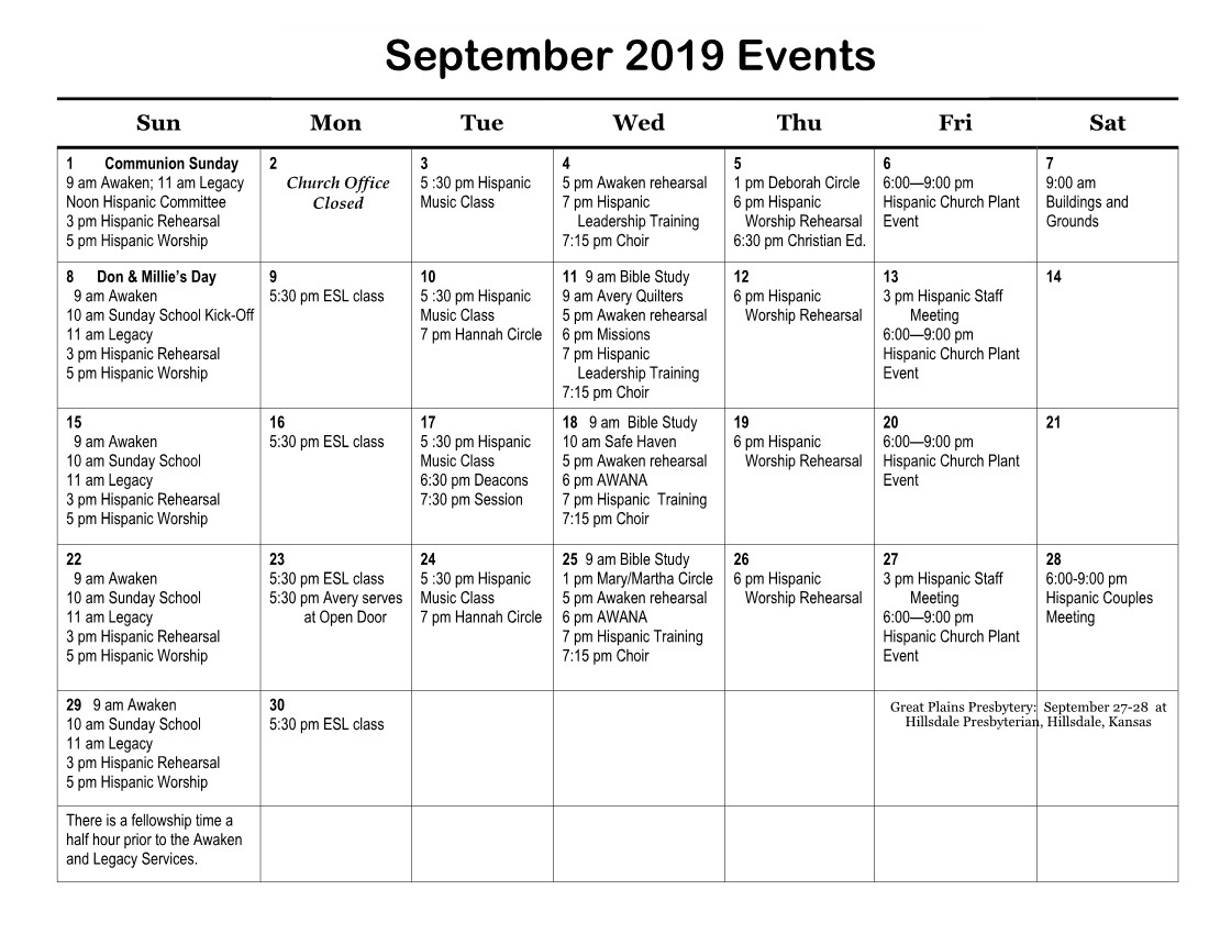 CURRENT MONTH EVENTS Avery Presbyterian Church